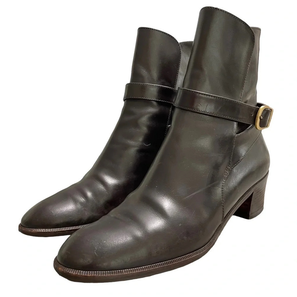 Salvatore Ferragamo Brown Leather Ankle Heeled Boots Size 6B Gold Buckle Detail